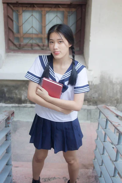 Japansk Tonåring Vacker Flicka Student Uniform Glad Och Koppla — Stockfoto
