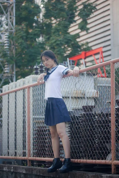 Japansk Teenager Smuk Pige Studerende Uniform Glad Slappe - Stock-foto