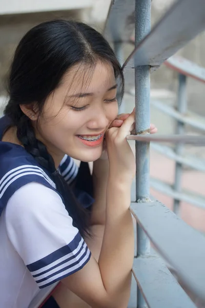 Japansk Tonåring Vacker Flicka Student Uniform Glad Och Koppla — Stockfoto