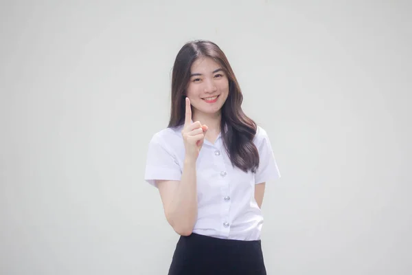 Tailandês Adulto Estudante Universidade Uniforme Bela Menina Apontando — Fotografia de Stock