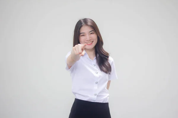 Tailandês Adulto Estudante Universidade Uniforme Bela Menina Apontando — Fotografia de Stock