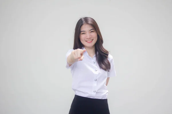 Thai Adult Student University Uniform Beautiful Girl Pointing — Stock Photo, Image