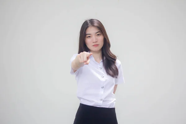 Tailandês Adulto Estudante Universidade Uniforme Bela Menina Apontando — Fotografia de Stock