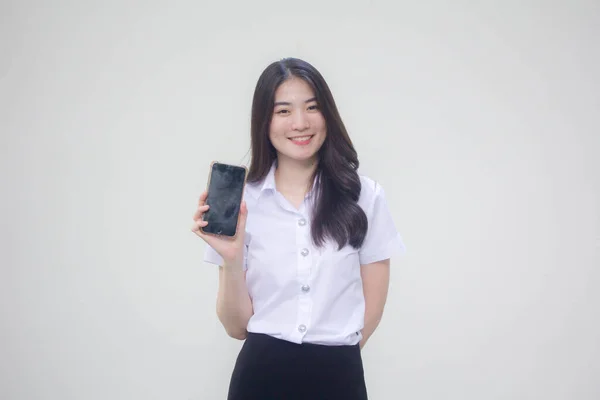 Thai Adult Student University Uniform Beautiful Girl Show Her Phone — Stock Photo, Image