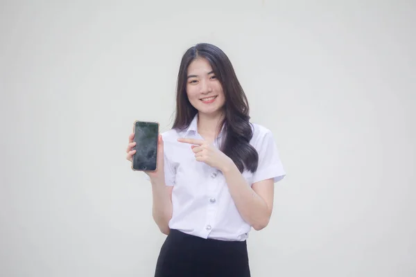 Thai Adulte Étudiant Université Uniforme Belle Fille Montrer Son Téléphone — Photo