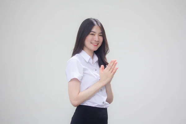 Tailandês Adulto Estudante Universidade Uniforme Bela Menina Tailandês Pagar Respeito — Fotografia de Stock