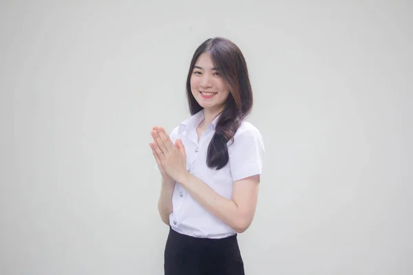 Thai Vuxen Student Universitet Uniform Vacker Flicka Thai Betala Respekt — Stockfoto