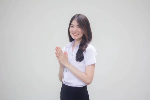 Tailandés Adulto Estudiante Universidad Uniforme Hermosa Chica Tailandés Pagar Respeto — Foto de Stock