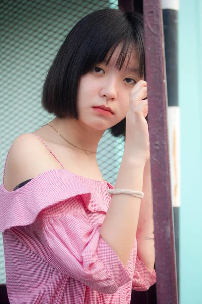 Asia Thai Teen Pink Shirt Beautiful Girl Smile Relax — Stock Photo, Image