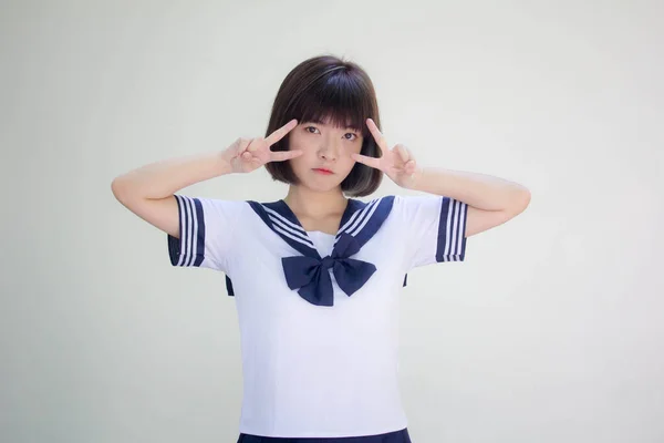 Japoński Nastolatek Piękne Dziewczyna Student Zwycięstwo — Zdjęcie stockowe