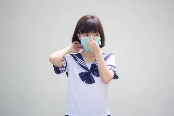 Japonês Teen Bela Menina Estudante Uniforme Vestindo Máscaras — Fotografia de Stock