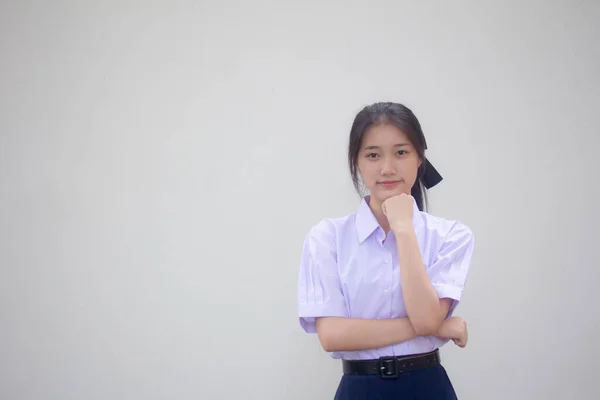 Retrato Tailandês Estudante Ensino Médio Uniforme Menina Bonita Pense — Fotografia de Stock