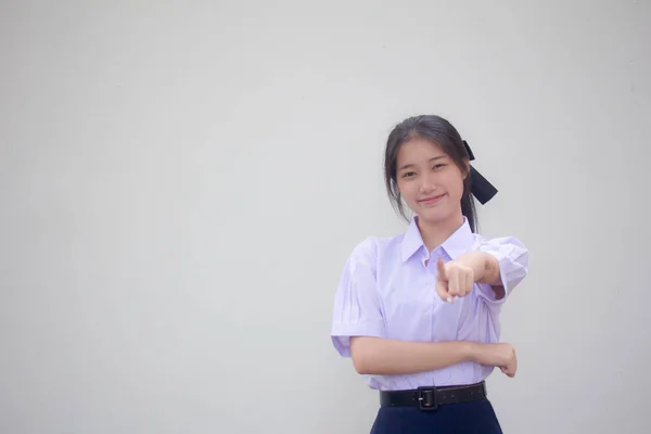 Retrato Tailandês Estudante Ensino Médio Uniforme Menina Bonita Pense — Fotografia de Stock