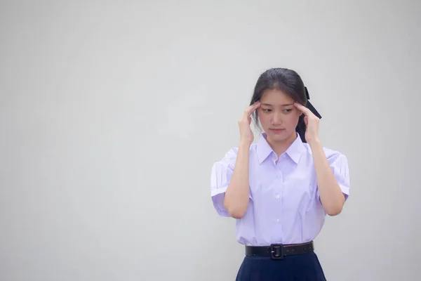 Retrato Tailandés Estudiante Secundaria Uniforme Hermosa Chica Think — Foto de Stock