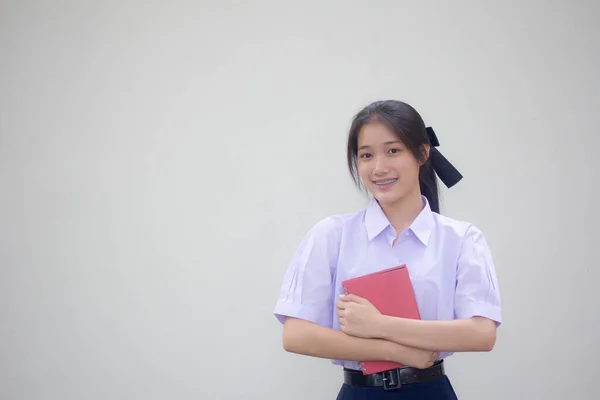 Asia Thai High School Student Uniform Beautiful Girl Smile Relax — Stock Photo, Image