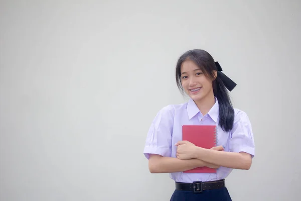 Asia Thai High School Student Uniform Beautiful Girl Smile Relax — Stock Photo, Image