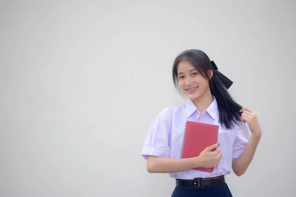 Ásia Tailandês Estudante Ensino Médio Uniforme Bela Menina Sorriso Relaxar — Fotografia de Stock