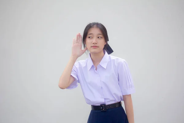 Retrato Tailandés Estudiante Secundaria Uniforme Hermosa Chica Escuchar —  Fotos de Stock