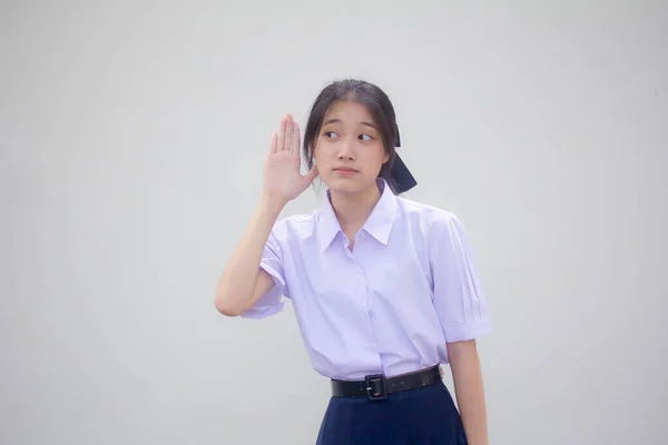 Retrato Tailandés Estudiante Secundaria Uniforme Hermosa Chica Escuchar —  Fotos de Stock