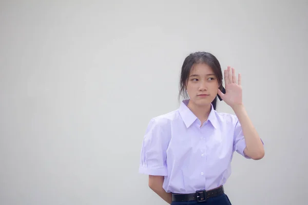 Portret Van Thaise Middelbare School Student Uniform Mooi Meisje Luisteren — Stockfoto