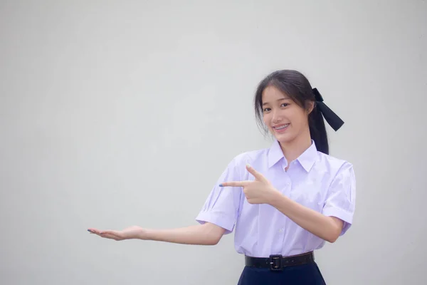 Ásia Tailandês Estudante Ensino Médio Uniforme Bela Menina Mostrar Mão — Fotografia de Stock