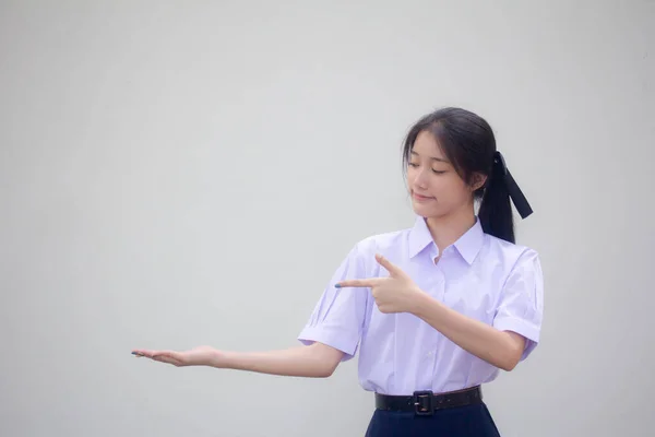 Asia Thai Seragam Siswa Sma Gadis Cantik Menunjukkan Tangan — Stok Foto