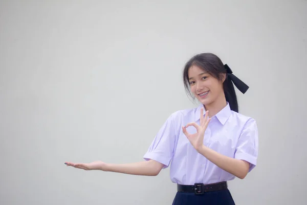 Ásia Tailandês Estudante Ensino Médio Uniforme Bela Menina Mostrar Mão — Fotografia de Stock