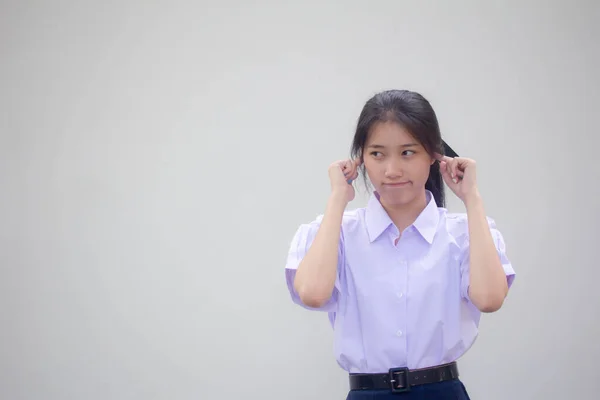 Πορτρέτο Του Thai Γυμνάσιο Στολή Μαθητή Όμορφο Κορίτσι Δεν Ακούει — Φωτογραφία Αρχείου