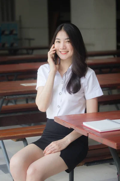 Retrato Tailandés Adulto Oficina Chica Llamando Smartphone — Foto de Stock