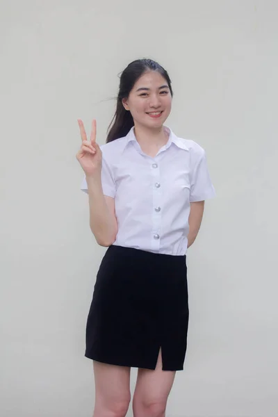 Thai Adult Student University Uniform Beautiful Girl Victory — Stock Photo, Image