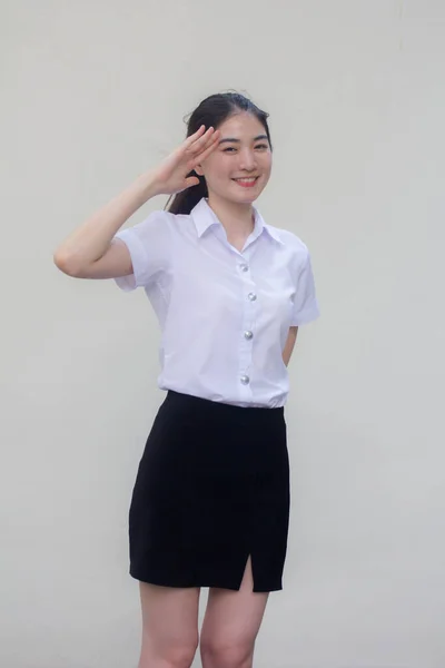 Tailandês Adulto Estudante Universidade Uniforme Bela Menina Saudação — Fotografia de Stock