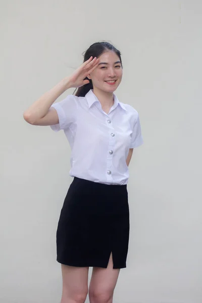 Tailandês Adulto Estudante Universidade Uniforme Bela Menina Saudação — Fotografia de Stock