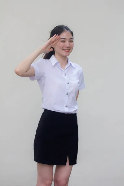 Tailandés Adulto Estudiante Universidad Uniforme Hermosa Chica Saludo —  Fotos de Stock