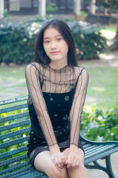 Asia Thai Teen Black Dress Beautiful Girl Smile Relax — Stock Photo, Image
