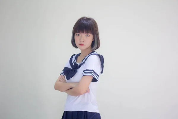 Japonais Adolescent Belle Fille Uniforme Étudiant Heureux Détendre — Photo