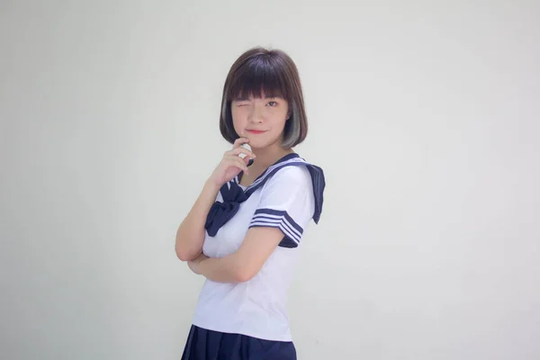 Japonês Teen Bela Menina Estudante Uniforme Feliz Relaxar — Fotografia de Stock