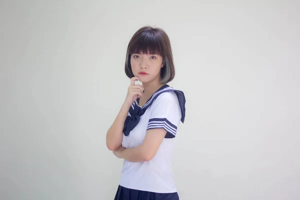 Japonês Teen Bela Menina Estudante Uniforme Feliz Relaxar — Fotografia de Stock