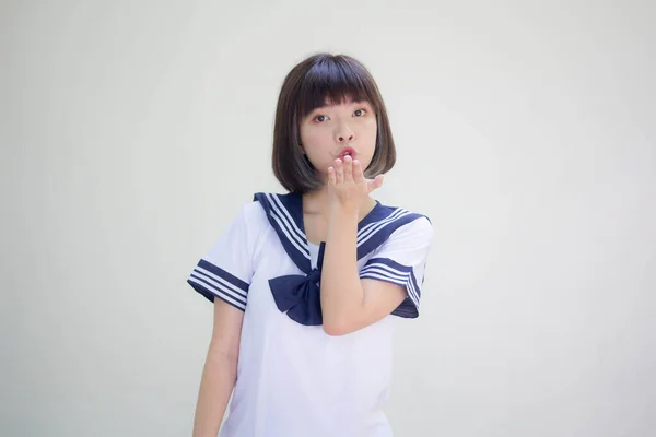 Japon Genç Güzel Kız Öğrenciye Bir Öpücük Yolla — Stok fotoğraf