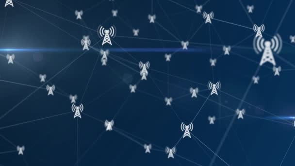 Animacja Splotu Sieci Danych Ikony Wież Radiowych Podłączonych Sieci Globalnej — Wideo stockowe