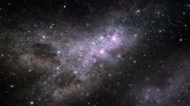Bulutların arasında uçan kamera ve uzayda yıldız alanı. Parlayan nebula ve yıldızlarda uçmanın animasyonu.