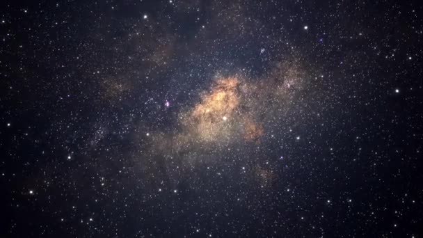 Αργή πτήση σε ένα μακρινό λαμπερό γαλαξία μέσα από πολλά αστέρια και αστερισμούς. Δισεκατομμύρια αστέρια στο γαλαξία μας. — Αρχείο Βίντεο