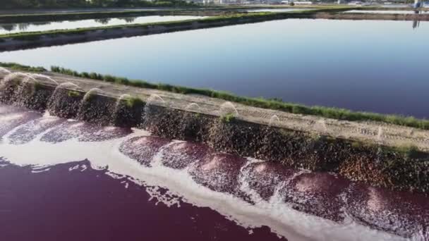Vista aérea de um reservatório de águas residuais de cor vermelha perto de uma instalação industrial. — Vídeo de Stock