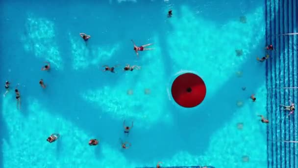 一个宽敞拥挤的室外游泳池的空中景观.夏天人们在蓝色的游泳池里游泳. — 图库视频影像