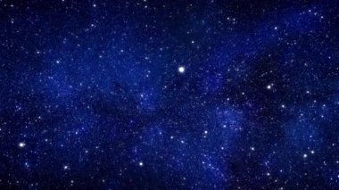 Uzay bulutsusu mavi arka plan. Gece yıldızlı gökyüzü, Samanyolu güzel gece ufkunda. Yıldızlar her yerde. Neon Lights yıldız gökyüzü arkaplanı. Kusursuz döngülü animasyon. 