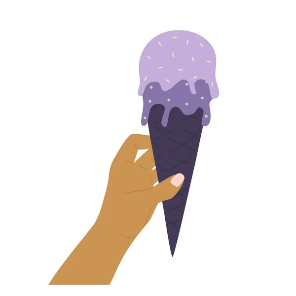 Woman hand with purple ice cream in dark waffle cone — Stock Vector