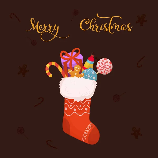 Carte joyeuse des vacances avec chaussette de Noël avec cadeaux — Image vectorielle