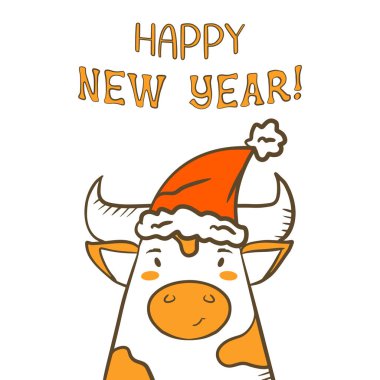 Yeni yıl kartı. Çizgi filmdeki şirin boğalar.
