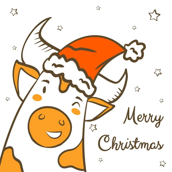 Carte de Noël de vacances avec dessin animé taureau mignon — Image vectorielle