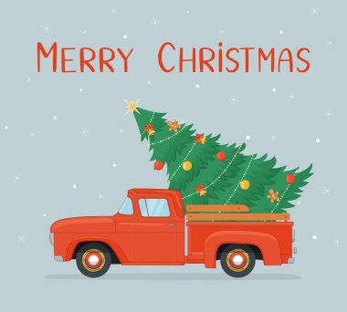 Eski kırmızı retro pikap Noel ağacıyla