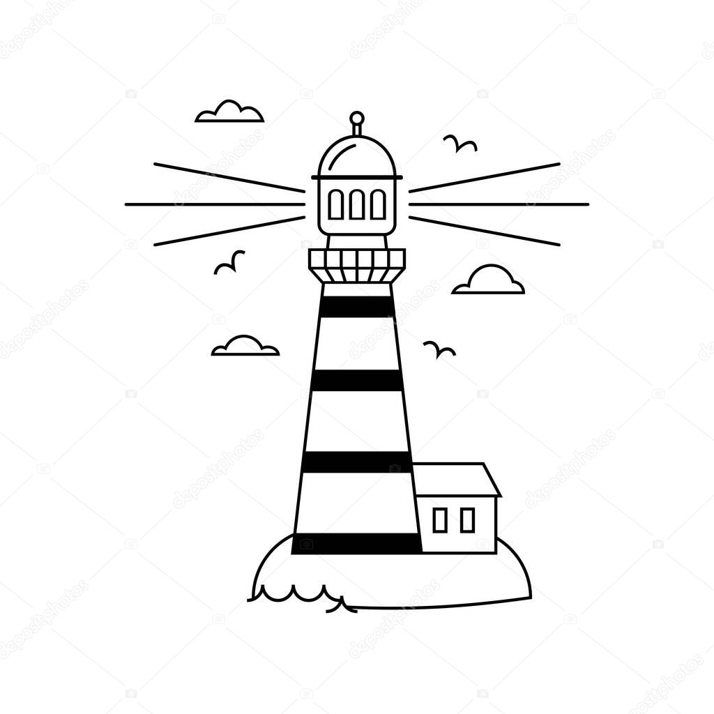 Flat icon of sea lighthouse on island